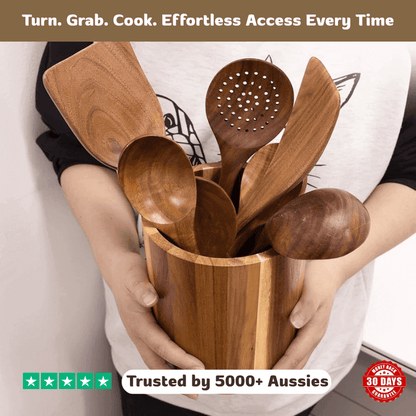 Wooden cooking utensils in a wooden holder held by a person, with text about effortless access and trustworthiness.